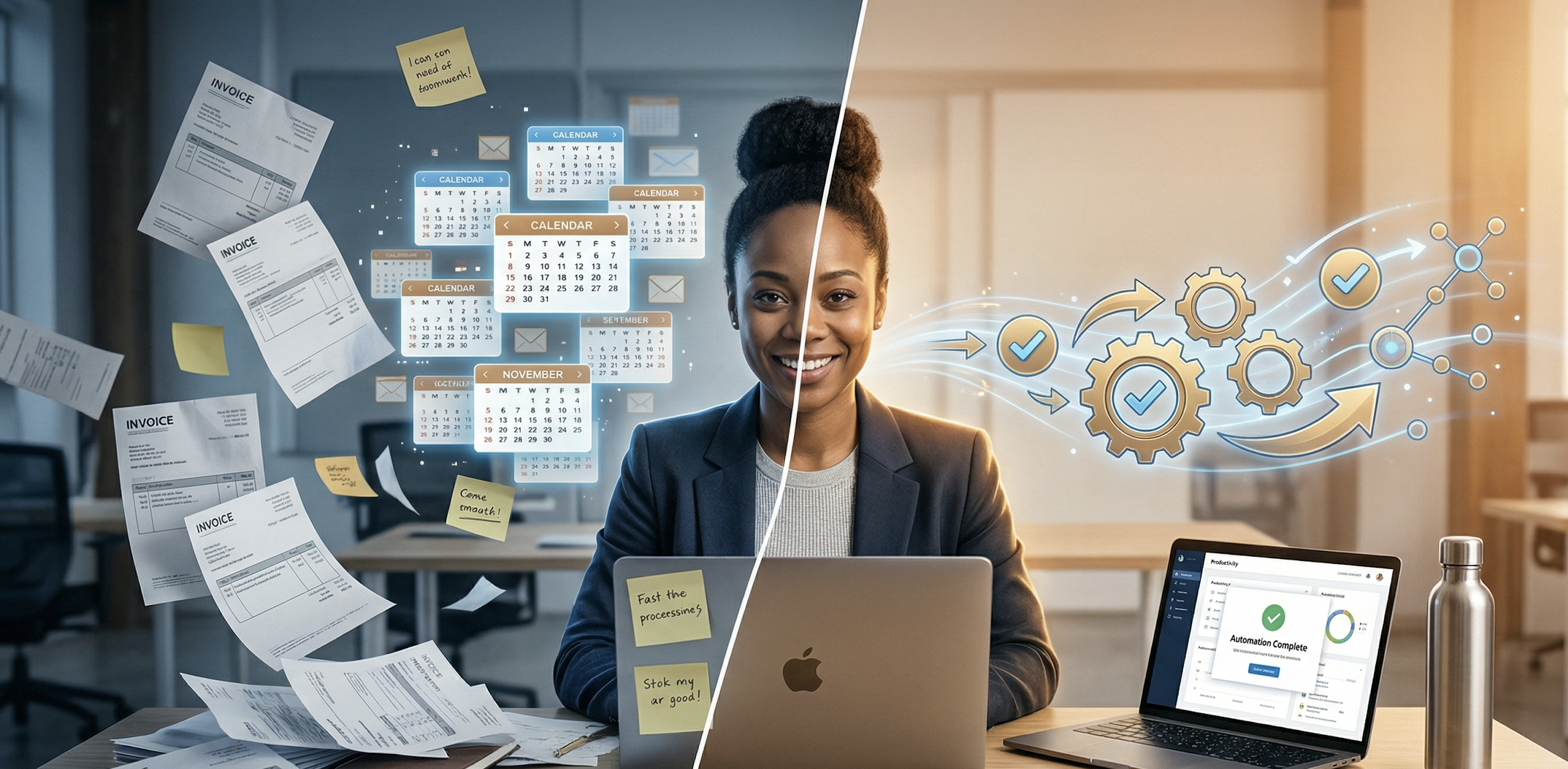 Before and after AI automation — from manual chaos to streamlined workflows